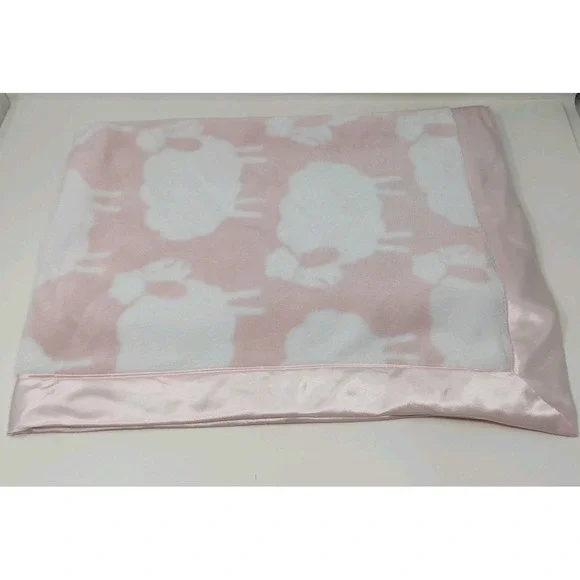 Nordstrom Baby Blanket Pink White Sheep Lamb Satin Trim Edges Lovey 28" x 38" - Picture 6 of 6